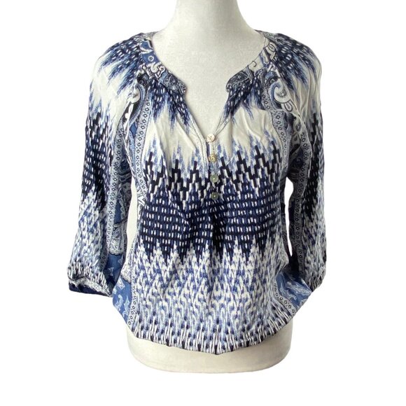 FIG & FLOWER Women Paisley Print Blouse Sz M Blue 3/4 Sleeve Abstract 26-3 - Picture 1 of 13